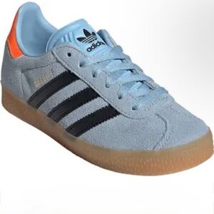 Adidas Gazelle Classic Retro Kids Size 2 Sky Blue with Black Stripes Orange Heel